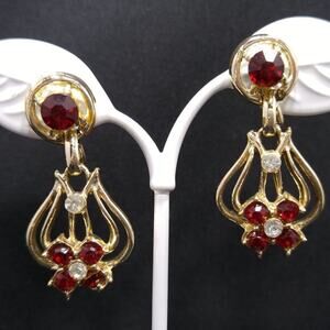 Vintage Gold & Red Rhinestone Floral Earrings, Screw Back, Mid-Century, 1 1/2 In